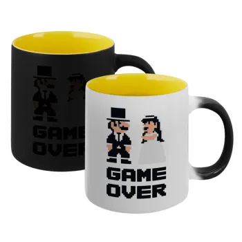 8bit Game Over Couple Wedding, Κούπα Μαγική εσωτερικό κίτρινη, κεραμική 330ml που αλλάζει χρώμα με το ζεστό ρόφημα