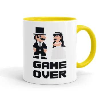 8bit Game Over Couple Wedding, Κούπα χρωματιστή κίτρινη, κεραμική, 330ml