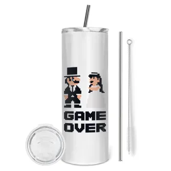 8bit Game Over Couple Wedding, Tumbler ποτήρι θερμό από ανοξείδωτο ατσάλι 600ml, με μεταλλικό καλαμάκι & βούρτσα καθαρισμού