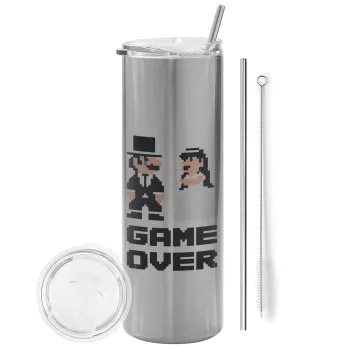 8bit Game Over Couple Wedding, Tumbler ποτήρι θερμό Ασημένιο από ανοξείδωτο ατσάλι 600ml, με μεταλλικό καλαμάκι & βούρτσα καθαρισμού