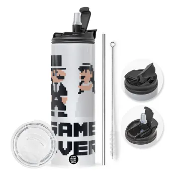 8bit Game Over Couple Wedding, Travel Tumbler θερμό με διπλό καπάκι, μεταλλικό καλαμάκι και βούρτσα καθαρισμού (Ανωξείδωτο 304 Food grade, BPA free, 600ml)
