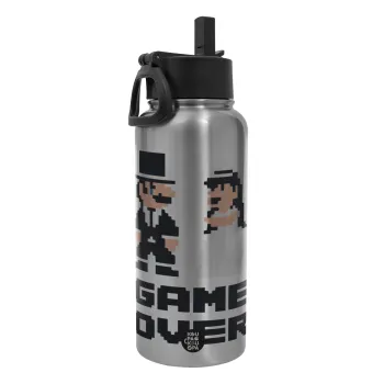 8bit Game Over Couple Wedding, Metal mug thermo Silver with Straw and Spout Lid (Stainless steel), double wall, 950ml