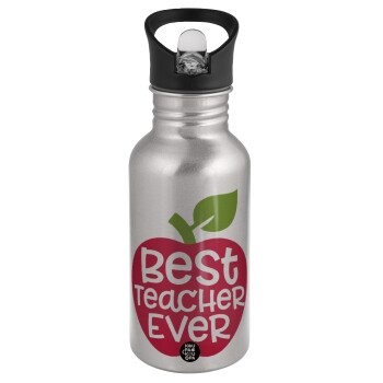 best teacher ever, apple!, Παγούρι νερού Ασημένιο με καλαμάκι, ανοξείδωτο ατσάλι 500ml