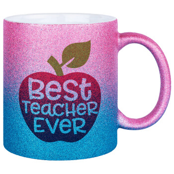 best teacher ever, apple!, Κούπα Χρυσή/Μπλε Glitter, κεραμική, 330ml