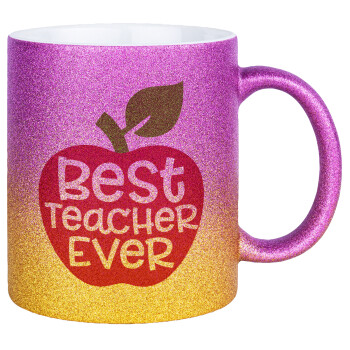 best teacher ever, apple!, Κούπα Χρυσή/Ροζ Glitter, κεραμική, 330ml