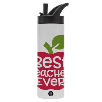 best teacher ever, apple!, Μεταλλικό παγούρι θερμός με καλαμάκι & χειρολαβή, ανοξείδωτο ατσάλι (Stainless steel 304), διπλού τοιχώματος, 600ml