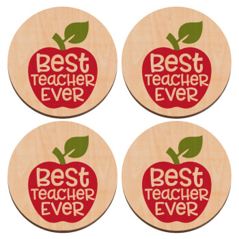 best teacher ever, apple!, ΣΕΤ x4 Σουβέρ ξύλινα στρογγυλά plywood (9cm)