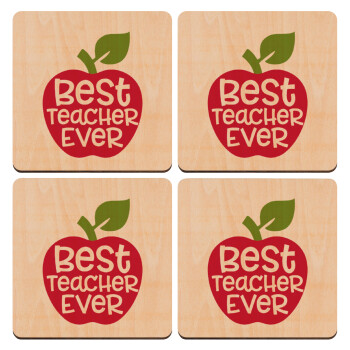 best teacher ever, apple!, ΣΕΤ x4 Σουβέρ ξύλινα τετράγωνα plywood (9cm)