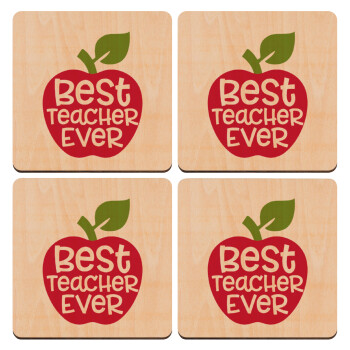 best teacher ever, apple!, ΣΕΤ x4 Σουβέρ ξύλινα τετράγωνα plywood (9cm)