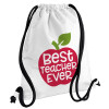best teacher ever, apple!, Τσάντα πλάτης πουγκί GYMBAG λευκή, με τσέπη (40x48cm) & χονδρά κορδόνια