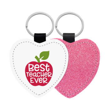 best teacher ever, apple!, Μπρελόκ PU δερμάτινο glitter καρδιά ΡΟΖ