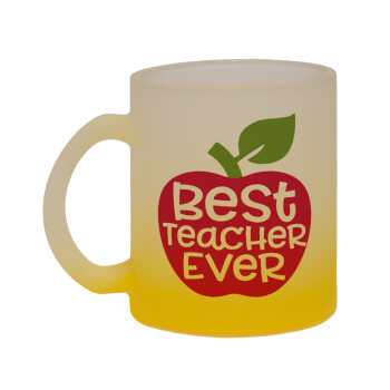 best teacher ever, apple!, Κούπα γυάλινη δίχρωμη με βάση το κίτρινο ματ, 330ml
