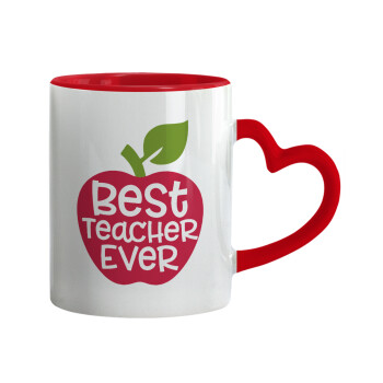 best teacher ever, apple!, Κούπα καρδιά χερούλι κόκκινη, κεραμική, 330ml