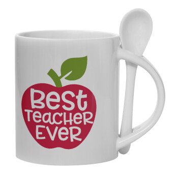 best teacher ever, apple!, Κούπα, κεραμική με κουταλάκι, 330ml (1 τεμάχιο)