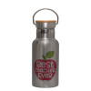 Stainless steel metallic thermos flask, silver with a bamboo lid, double-walled, 350ml.