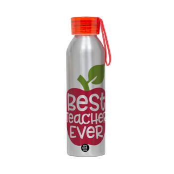 best teacher ever, apple!, Aluminum Sports Bottle 650ml – Silver with Red Cap and Silicone Strap