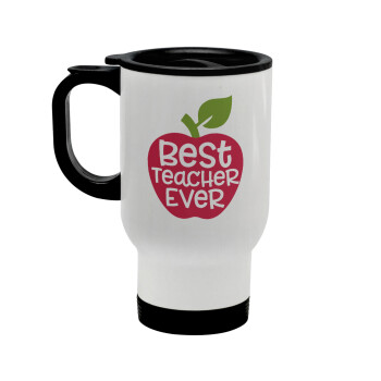 best teacher ever, apple!, Stainless steel travel mug with lid, double wall white 450ml