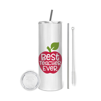 best teacher ever, apple!, Eco friendly ποτήρι θερμό (tumbler) από ανοξείδωτο ατσάλι 600ml, με μεταλλικό καλαμάκι & βούρτσα καθαρισμού