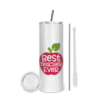 best teacher ever, apple!, Tumbler ποτήρι θερμό από ανοξείδωτο ατσάλι 600ml, με μεταλλικό καλαμάκι & βούρτσα καθαρισμού