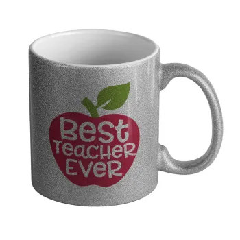 best teacher ever, apple!, Κούπα Ασημένια Glitter που γυαλίζει, κεραμική, 330ml