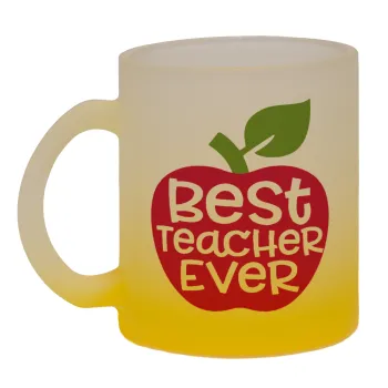 best teacher ever, apple!, Κούπα γυάλινη δίχρωμη με βάση το κίτρινο ματ, 330ml