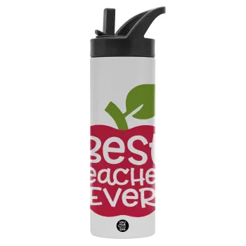 best teacher ever, apple!, Μεταλλικό παγούρι θερμός με καλαμάκι & χειρολαβή, ανοξείδωτο ατσάλι (Stainless steel 304), διπλού τοιχώματος, 600ml