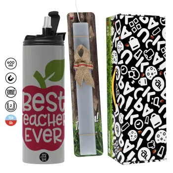 best teacher ever, apple!, Πασχαλινή Λαμπάδα με Travel Tumbler θερμό (600ml, BPA free) & κερί αρωματικό πλακέ (30cm) (ΓΚΡΙ)