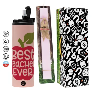 best teacher ever, apple!, Πασχαλινή Λαμπάδα με  ΡΟΖ Travel Tumbler θερμό (600ml, BPA free) & κερί αρωματικό πλακέ (30cm) (ΡΟΖ)