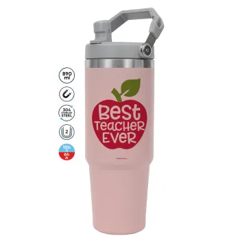 best teacher ever, apple!, ΡΟΖ χρώματος Θερμός Ανοξείδωτο 890ml (30oz) με χερούλι