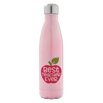 best teacher ever, apple!, Μεταλλικό παγούρι θερμός Ροζ Ιριδίζον (Stainless steel), διπλού τοιχώματος, 500ml