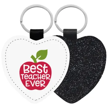 best teacher ever, apple!, Μπρελόκ PU δερμάτινο glitter καρδιά ΜΑΥΡΟ