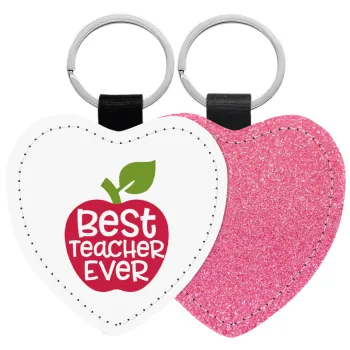 best teacher ever, apple!, Μπρελόκ PU δερμάτινο glitter καρδιά ΡΟΖ