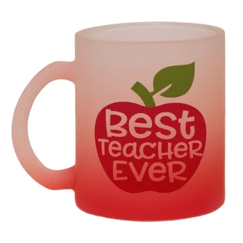 best teacher ever, apple!, Κούπα γυάλινη δίχρωμη με βάση το κόκκινο ματ, 330ml