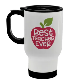 best teacher ever, apple!, Stainless steel travel mug with lid, double wall white 450ml