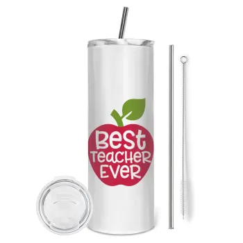 best teacher ever, apple!, Tumbler ποτήρι θερμό από ανοξείδωτο ατσάλι 600ml, με μεταλλικό καλαμάκι & βούρτσα καθαρισμού