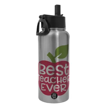 best teacher ever, apple!, Μεταλλικό παγούρι θερμός Silver με καλαμάκι και χερούλι (Stainless steel), διπλού τοιχώματος, 950ml