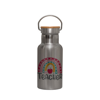 Rainbow teacher, Μεταλλικό παγούρι θερμός (Stainless steel) Ασημένιο με ξύλινο καπακι (bamboo), διπλού τοιχώματος, 350ml