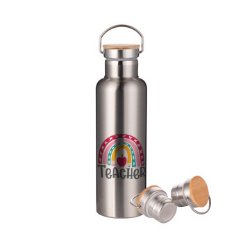Rainbow teacher, Stainless steel Silver with wooden lid (bamboo), double wall, 750ml