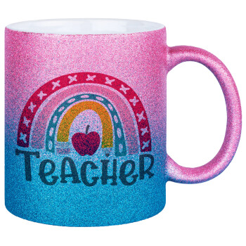 Rainbow teacher, Κούπα Χρυσή/Μπλε Glitter, κεραμική, 330ml
