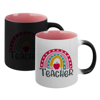 Rainbow teacher, Κούπα Μαγική εσωτερικό ΡΟΖ, κεραμική 330ml που αλλάζει χρώμα με το ζεστό ρόφημα