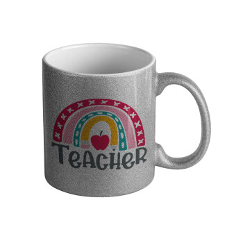 Rainbow teacher, Κούπα Ασημένια Glitter που γυαλίζει, κεραμική, 330ml
