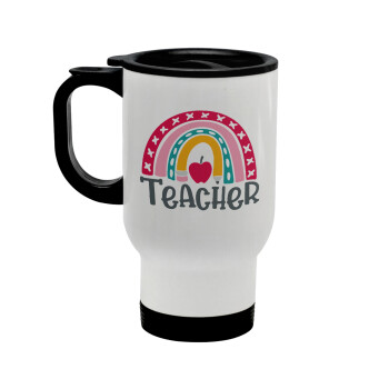 Rainbow teacher, Stainless steel travel mug with lid, double wall white 450ml