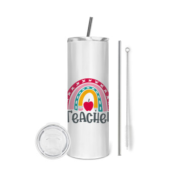 Rainbow teacher, Eco friendly ποτήρι θερμό (tumbler) από ανοξείδωτο ατσάλι 600ml, με μεταλλικό καλαμάκι & βούρτσα καθαρισμού