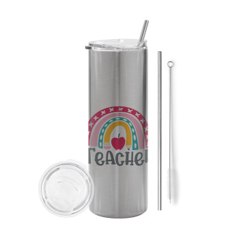Rainbow teacher, Tumbler ποτήρι θερμό Ασημένιο από ανοξείδωτο ατσάλι 600ml, με μεταλλικό καλαμάκι & βούρτσα καθαρισμού