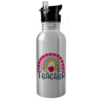Rainbow teacher, Water bottle Silver with straw, stainless steel 600ml