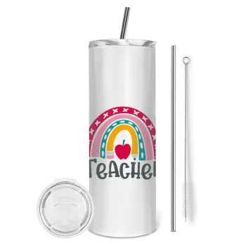 Rainbow teacher, Tumbler ποτήρι θερμό από ανοξείδωτο ατσάλι 600ml, με μεταλλικό καλαμάκι & βούρτσα καθαρισμού