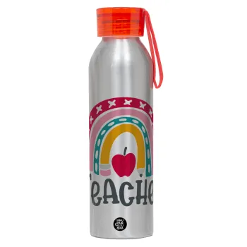 Rainbow teacher, Αλουμινένιο Αθλητικό Μπουκάλι 650ml – Ασημί με Κόκκινο Καπάκι και Λουράκι Σιλικόνης