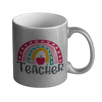 Rainbow teacher, Κούπα Ασημένια Glitter που γυαλίζει, κεραμική, 330ml