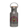 Stainless steel metallic thermos flask, silver with a bamboo lid, double-walled, 350ml.