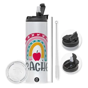 Rainbow teacher, Travel Tumbler θερμό με διπλό καπάκι, μεταλλικό καλαμάκι και βούρτσα καθαρισμού (Ανωξείδωτο 304 Food grade, BPA free, 600ml)